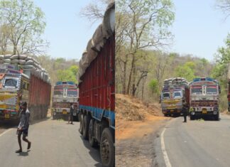 कोरची–कुरखेडा राष्ट्रीय महामार्गावर वाहतुकीचा बोजवारा ; तीन ट्रक फसल्याने तासन्तास जाम